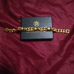Stainless Steel Mens Curb Chain Bracelet with Skull, 18K Gold Plated