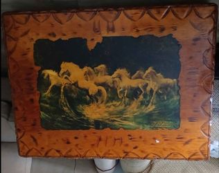 Vintage Wood Plaque Running Horses Art