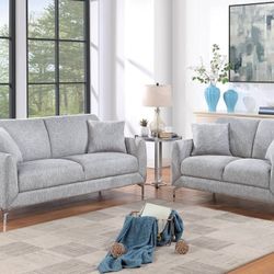 New! Light Gray Fabric Sofa and Loveseat