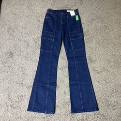 NWT Sz 27 GAP flare cargo jeans dark blue