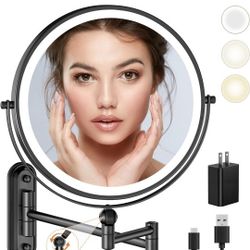 9" Wall Mounted Makeup Lighted Mirror, 4000mAh Rechargeable Double Sided LED Vanity Mirror with Height Adjustable&1X/10X Magnification, 3 Color Lights