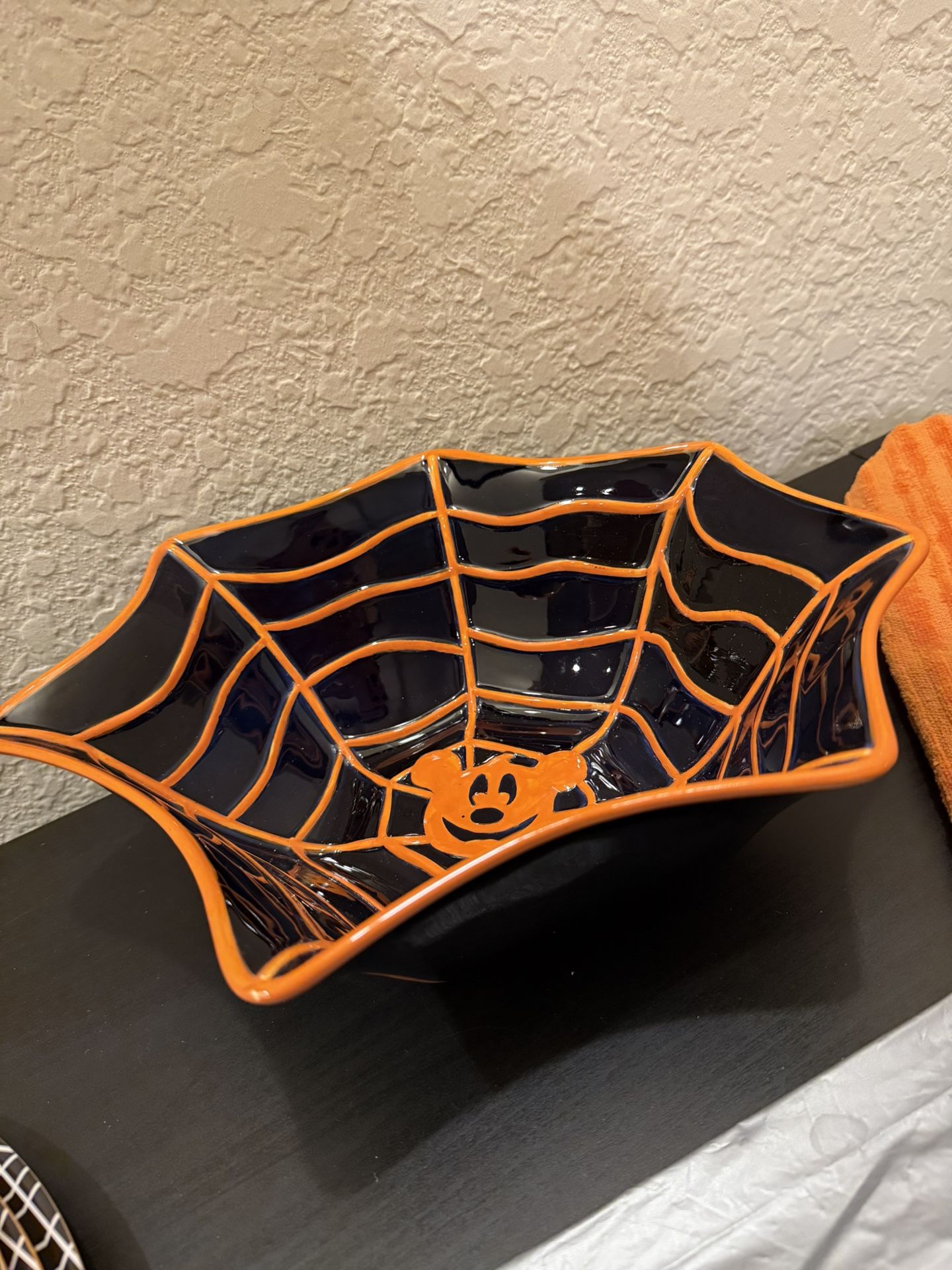 Disney Mickey Mouse Halloween Spider Web Candy Bowl Black Orange 11" Disneyland