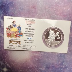 1987 SNOW WHITE DOC 1/2 oz (.999) Silver Walt Disney's 50th Anniversary