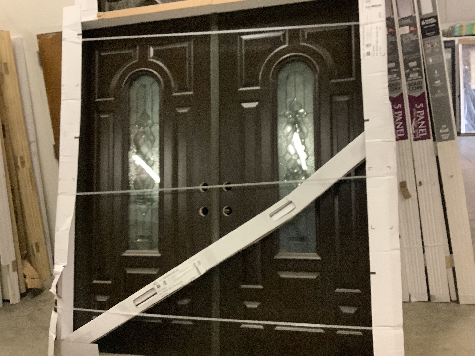 Feather River Doors 72 in.x81.625 in. Silverdale Patina 3/4 Oval Lt Stained Chestnut Mahogany Left-Hand Fiberglass Double Prehung Front Door