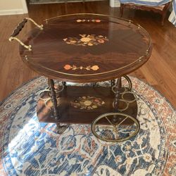 Italian Marquetry Lacquered Drop Leaf Walnut and Brass Coffee / Tea / Bar Cart MCM Antique