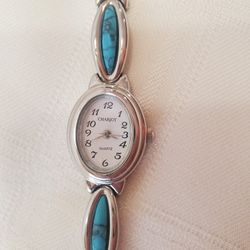 Vintage Ladies Fashion Chariot Quartz Wrist Watch With Faux Turquoise  And Silver tone  Band