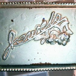 Metal Jewelry Box Lt Blue Jewels In Cursive On Front Rare Vintage 