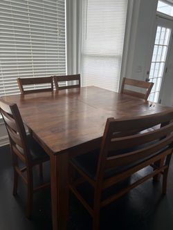Counter Height Bamboo Wood Dining Set with Leaf, 4 Chairs, and Bench