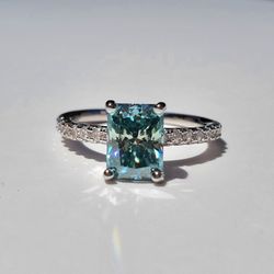 2ct Blue-green Radiant Moissanite Ring 925 Sterling Silver_ 18K Gold Plated