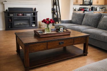 Solid Wood Coffee Table w/ Drawer & Bottom Shelf – Rustic / RH Style