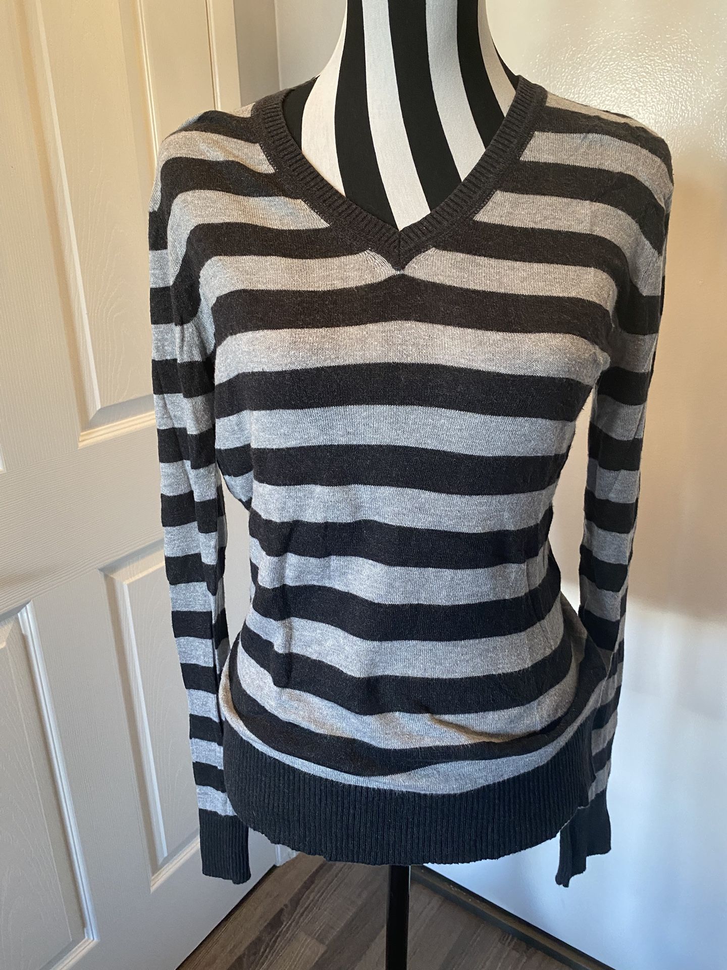 Lightweight Charcoal And Grey Striped V-Neck Sweater
