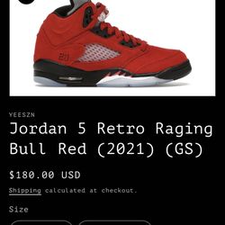 Nike Air Jordan 5 Raging Bull 4Y 5Y 5.5y 6y 6.5y Youth Brand New