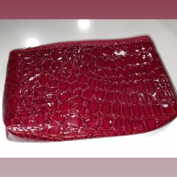 red faux crocodile-embossed cosmetic makeup bag