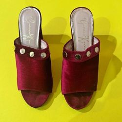 Burgundy Velvet Mule Heels Studded Block Heel Slip-On - Size 10
