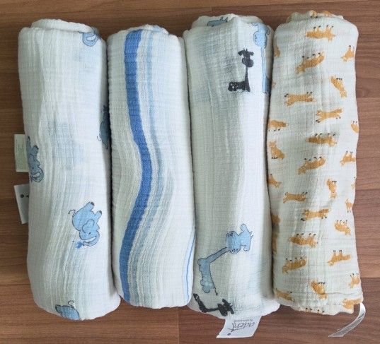 Set of 4, Muslin Cotton Swaddle Blankets: 3 Aden + Anais, 1 Carter's, EUC