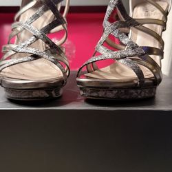 Vince Camuto Strappy Metallic and Snakeskin Print Gladiator Caged Stiletto Heels