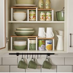 SONGMICS Cabinet Shelf Organizers, Set of 4 Kitchen Counter Shelves, Stackable, Expandable Spice Racks, Metal and Bamboo, White and Natural UKCS010N01