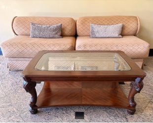 Ornate Carved Wood Coffee Table with Glass Top & Lower Shelf