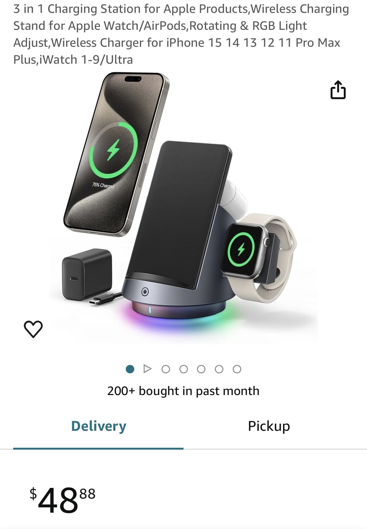 New In Box 3in1 Charging Station Wireless for Apple Watch/AirPods,Rotating&RGB Light Adjust for iPhone 15 14 13 12 11 Pro Max Plus,iWatch 1-9/Ultra