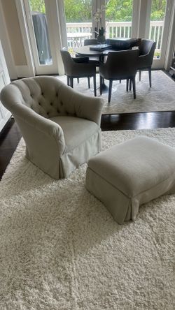 Restoration hardware or Lee upholstered arm chair and ottoman