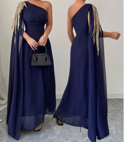 Navy Blue One-Shoulder Evening Gown with Cape