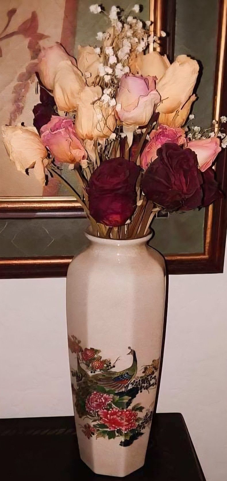 VINTAGE HAND PAINTED FLORAL PEACOCK JAPANESE FLOWER VASE ACCENT TABLE DISPLAY DECOR DISPLAY JAPAN