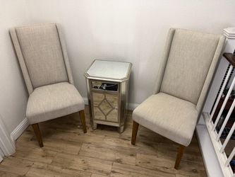 2 Upholstered Accent Chairs + Mirrored Cabinet / Side Table