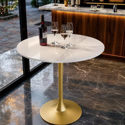 Modern Round Dining Table Sintered Stone Tabletop with Metal Base.
