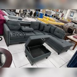 Charcial linen fabric sectional sofa with ottoman