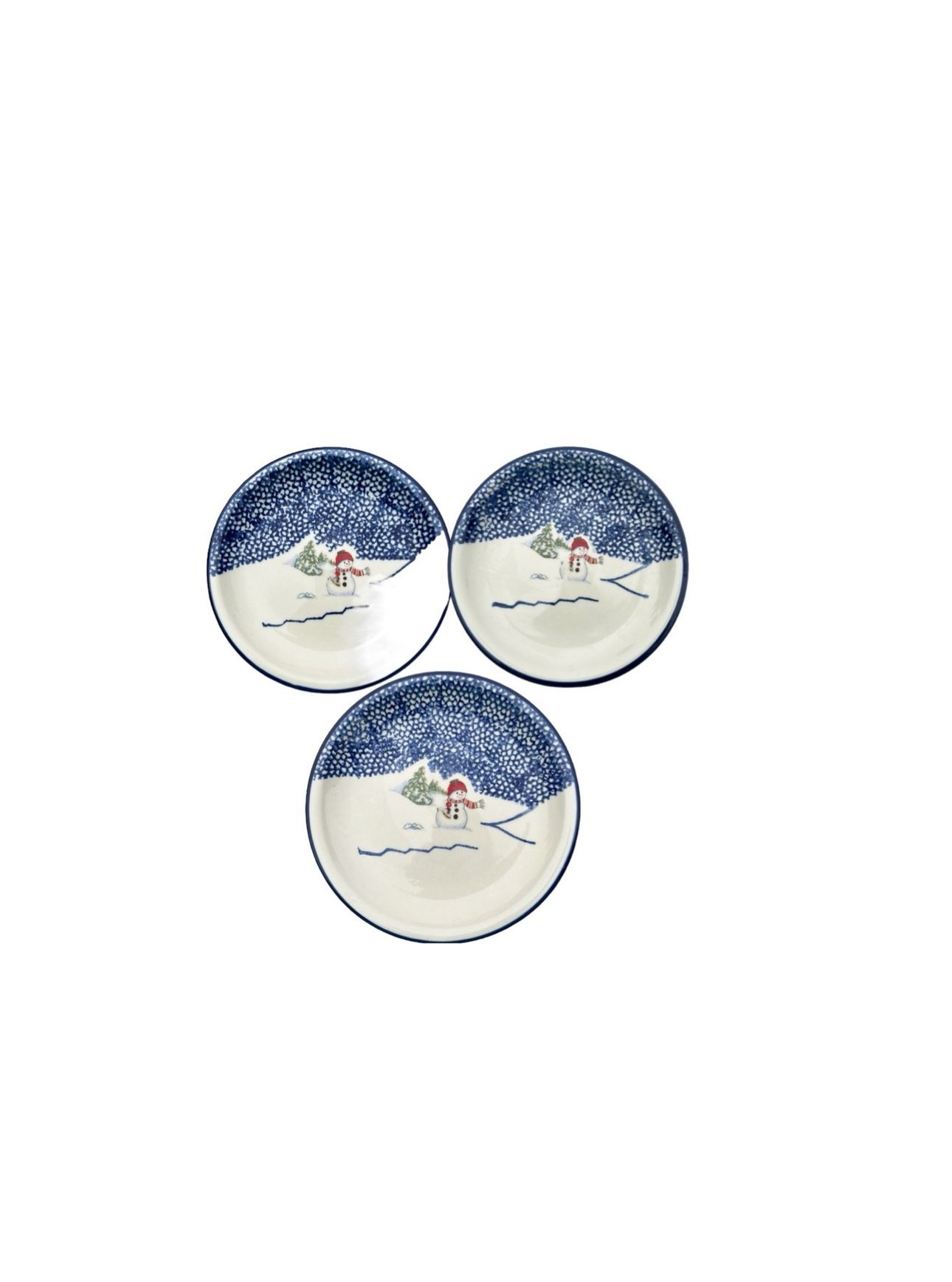 Vintage Ceramic Plates Snowman, Set of 3, Blue and White Thomson Pottery 7.5"