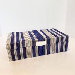 13.25” x 7” Navy Blue & Beige Cloth-Covered Decorative Storage Box | Shelf Decor