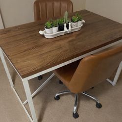 Wood (faux) Top And Metal Legs (strong) With 2 Leather Chairs- Kitchen Dinning Desk Table 45 X 30 X 30