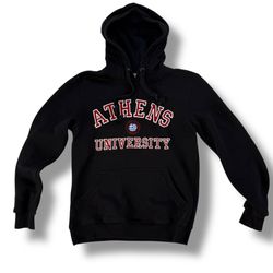 Vintage 90s Athens University Greece Hoodie Sweatshirt Womens XS   This vintage sweatshirt from ThinkGreece features a classic black color with a grap