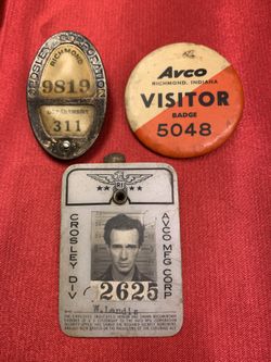 3 WWII Crosley Avco Mfg Pin Factory Employee Badge Visitor Button Richmond,Ind.