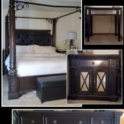 King Size Bedroom Set  Canopy Bed, Dresser with Mirror, Nightstand,  Bedside Table 