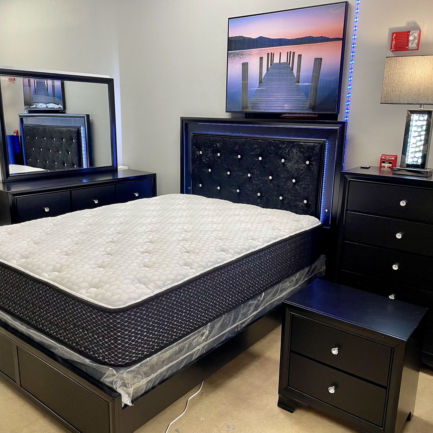 Micah Black Bedroom Set, Bed Frame, Mattress, Dresser, Mirror, Chest, Nightstand Options 