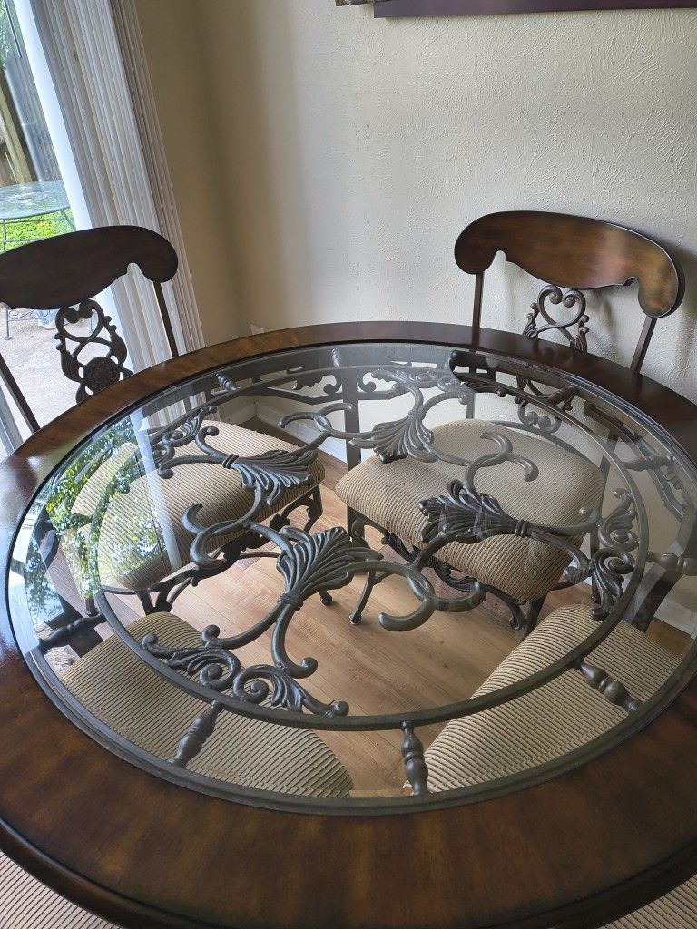 Beautiful Wood Iron And Beveled Glass Dining Room Set