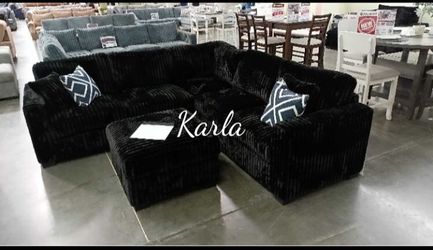 Beautiful‼️ 4-Pc Black Jumbo Corduroy Sectional Sofa With Ottoman
