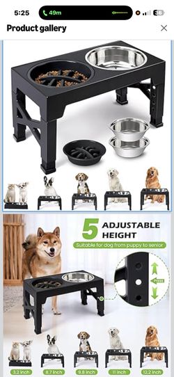 Elevated Dog Bowls - 5 Adjustable Heights Stand, 2 Stainless Steel Bowls & 1 Slow Feeder, 3.2" to 12.2" for Small to Large Dogs