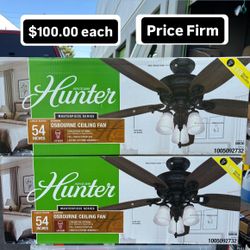 Brand new hunter 54 inch ceiling fans. Can be installed with or without light kit. LED lighting. See photos for more details. This item retails for $2