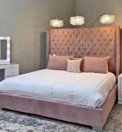 NEW IN BOX 6FT Tall King & Queen Size Pink Tufted Velvet Fabric Bed Frame