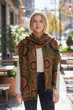 Pashmina Scarf Wrap Shawl Heather Black with Colored Circles 28”x 74” Gorgeous, Fringed.