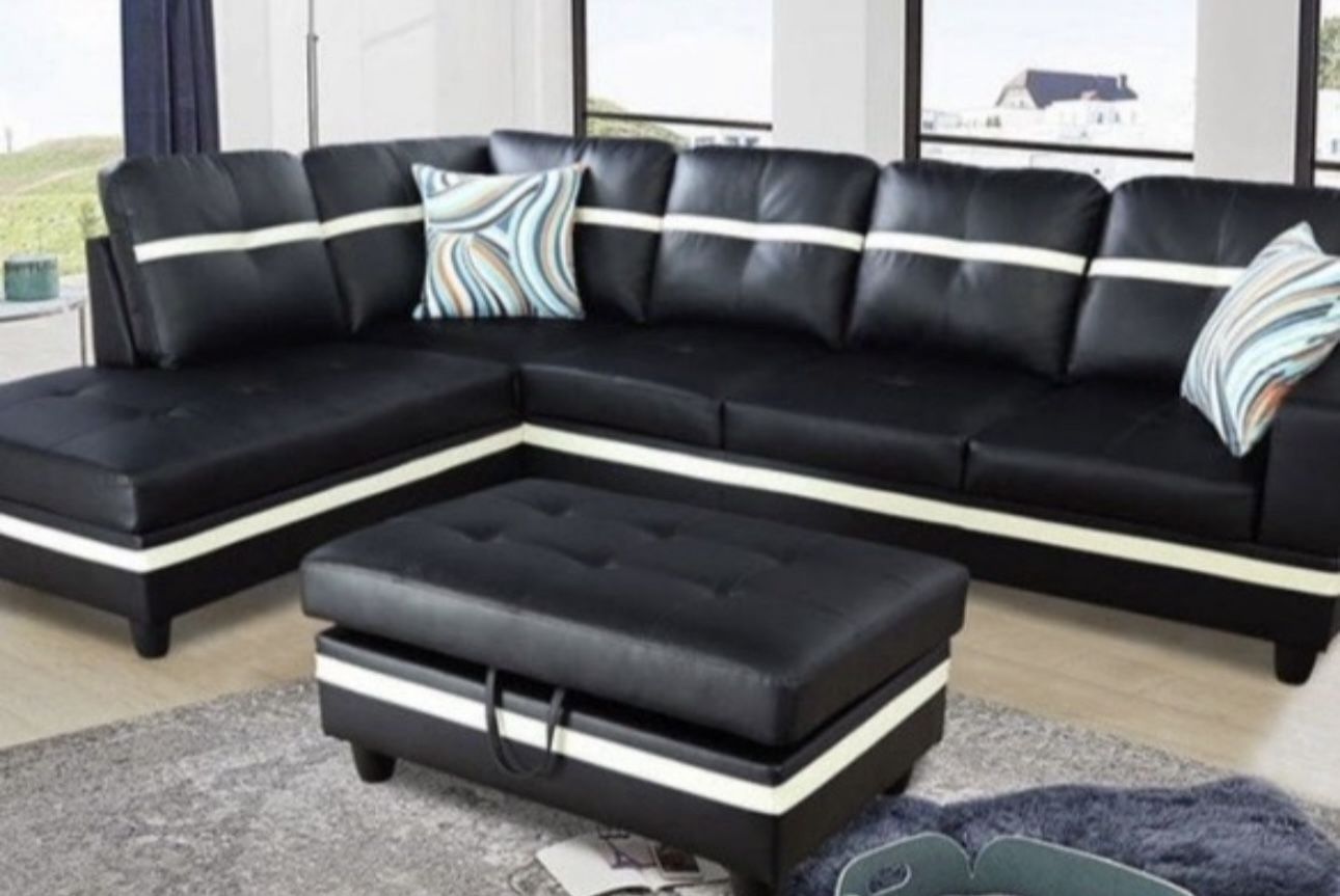 Modern Style Black Leather Sectional Couch And Ottoman