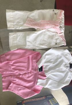 Baby girl 2 T , white pumpkin patch pants and two matching cardigans , white and blue , pants never been worn