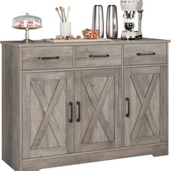 Modern Farmhouse Buffet Sideboard Cabinet, Barn Doors Storage Cabinet with Drawers and Shelves, Wood Coffee Bar Cabinet with Storage for Dining Room, 