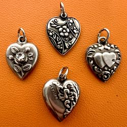 Vintage 925 Puffy Sweet Heart Sterling Silver Charm Pendant LOT 4