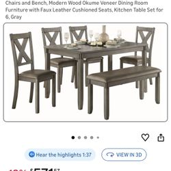Grey Wood Faux Leather Rectangular 60" Dining With Bench Set For 6