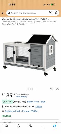Wooden Rabbit Hutch with Wheels, 42.5x22.8x28.9 in Removable Tray, 2 Lockable Doors, Openable Roof, Fir Wood & Steel Wire, For 1-2 Rabbits