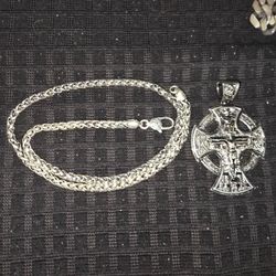 HUGE HEAVY DOUBLE SIDED CROSS PENDANT JESUS CHRIST ON ONE SIDE ST. BENEDICT SLAYING DEMONS ON THE OTHER HEAVY 96 GRAMS SOLID SILVER