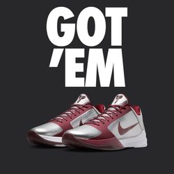 Kobe 5 metallic silver and team red size 10